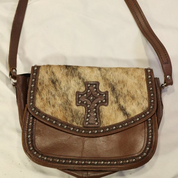 Vintage Handbags - Genuine Leather Cow Hair Cross Studded Accent Shoulder Purse